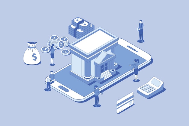 Online banking or digital bank concept with money people and banks building with outline isometric style