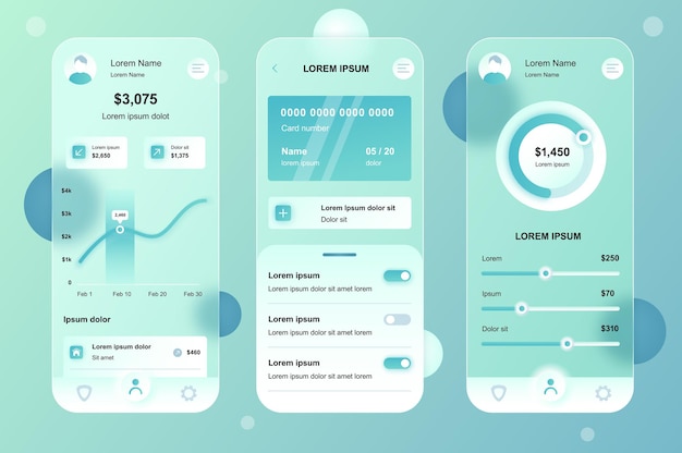 Online banking glassmorphic design neumorphic elements kit for mobile app UI UX GUI screens set