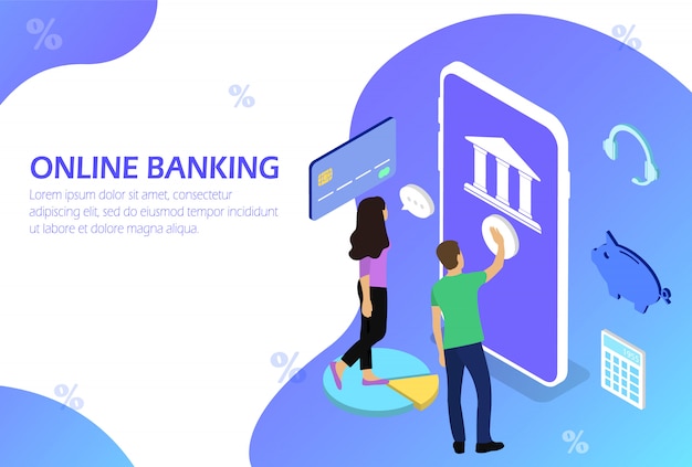 Online banking. Mobile bank. People. Isometric.