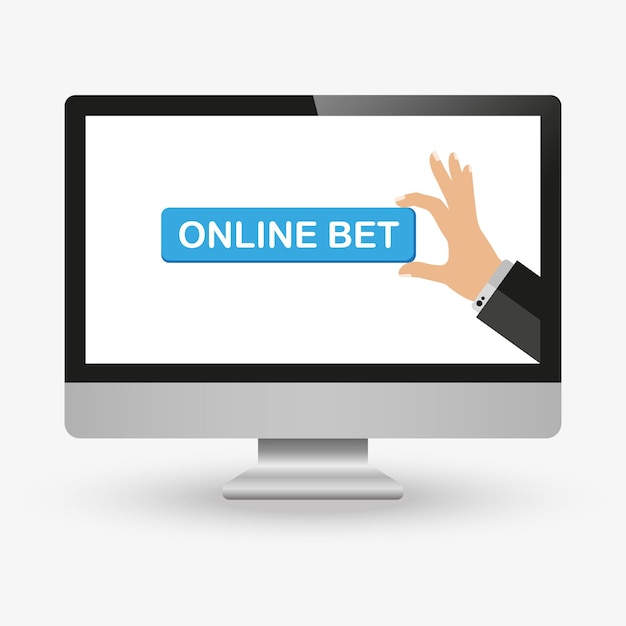 Online bet betting with hand pointing a button on top of laptop vector graphic illustration