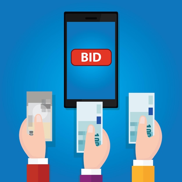 online bidding auction mobile phone bid button hand raised money cash