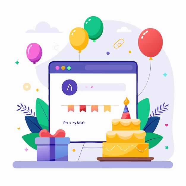 Online birthday celebration with cake gift and balloons