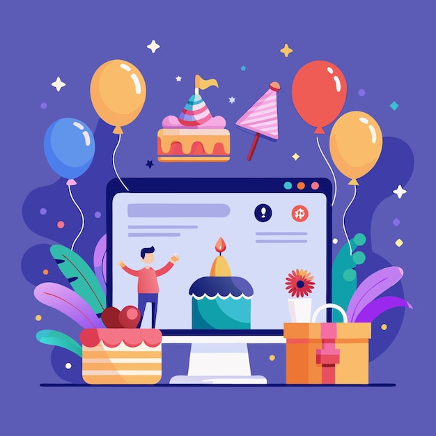 Online birthday party celebration with colorful balloons and cakes