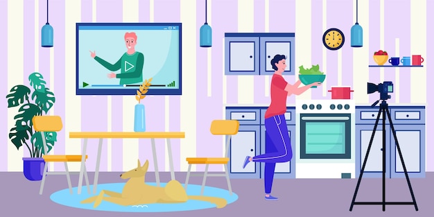 Online blogger video at screen, vector illustration. Woman character look internet digital blog at tv technology, female streaming cooking. Social media education for people, channel about food.