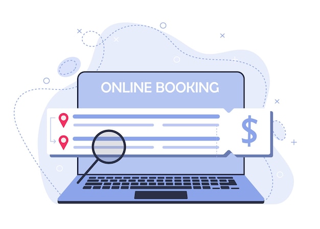 Online booking air train or bus tickets Illustration of searching for tickets on the website