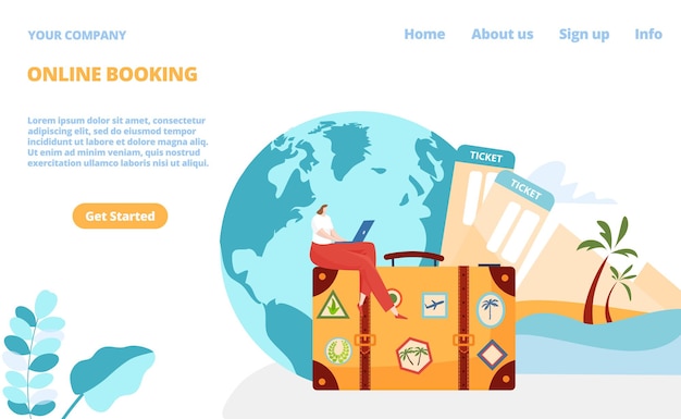 Online booking trip service vector illustration flat tiny woman character design travel journey buy ticket for flight landing banner