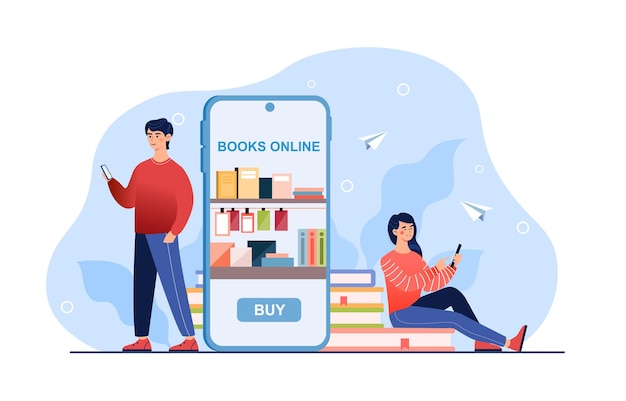 Vector online bookshop teens with smart gadgets use app for reading buying and downloading books ready for