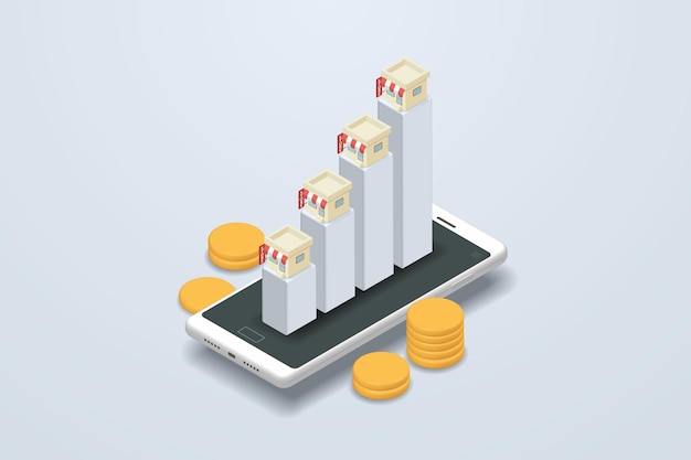 Online business growth Shop icon on mobile growing bar graph on a gray