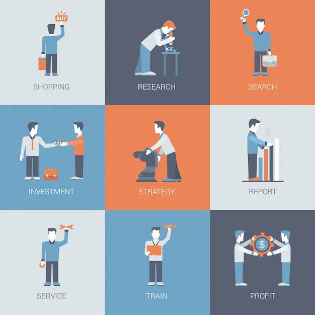 Online business shopping people figures situations icon set.