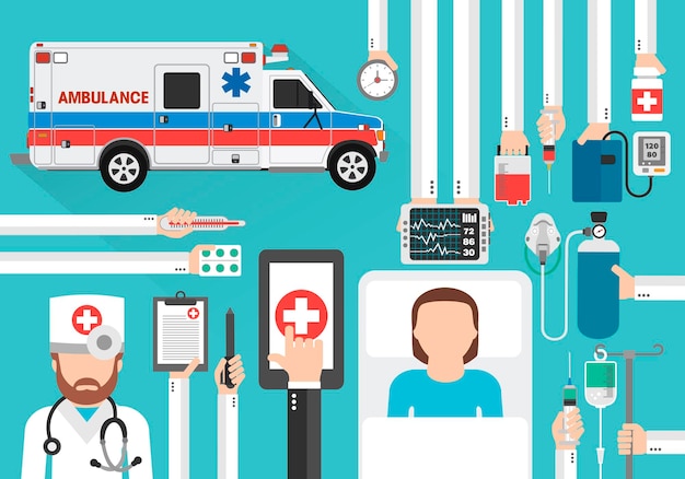 Online call medical design flat with doctor patient and ambulance carVector illustration