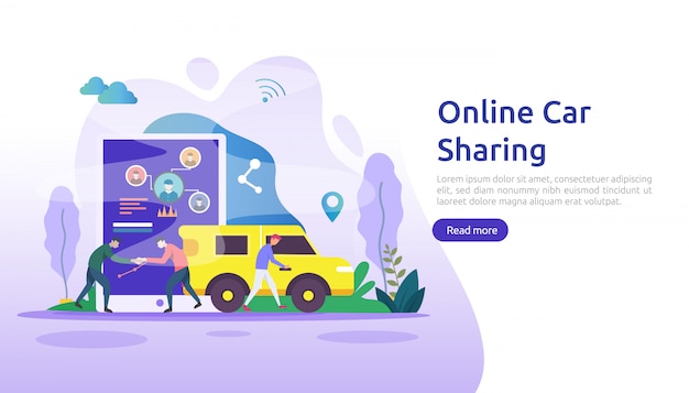 Online car sharing or rental concept. mobile city transportation with navigation smartphone, online map, GPS and people character for web landing page template, banner, presentation, ad or print media