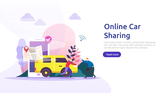 Online car sharing or rental concept. mobile city transportation with navigation smartphone, online map, GPS and people character for web landing page template, banner, presentation, ad or print media