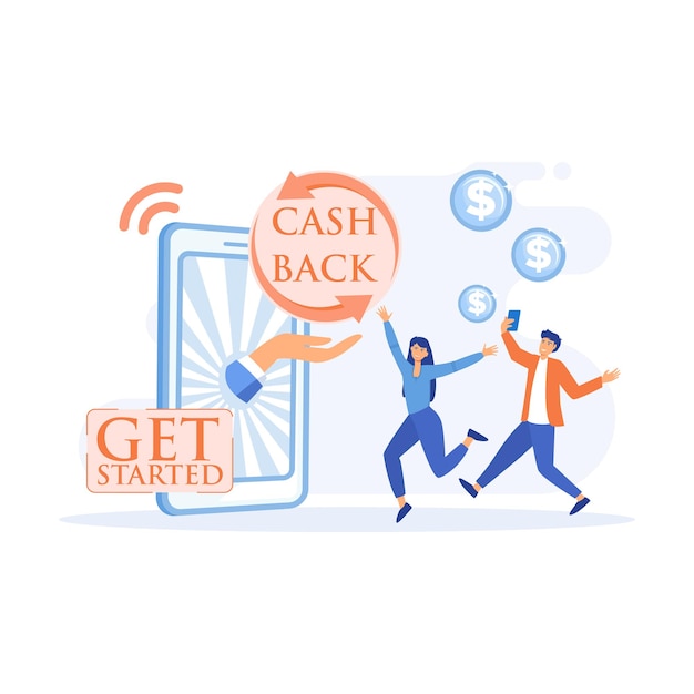 Online cash back or money refund concept. Happy people receiving cash back for shopping, flat vector modern illustration