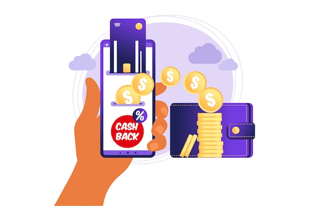 Online cashback concept. Coins or money transfer from smartphone to e-wallet.