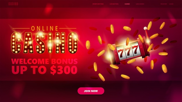 Online casino, banner for website with button and red slot machine with golden coins around