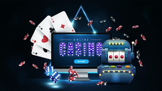 Online casino banner with monitor slot machine poker chips and playing cards in dark scene with blue neon triangle border on background