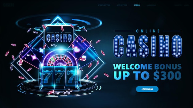 Online casino, banner with podium with smartphone, casino slot machine, Casino Roulette and poker chips in dark scene with neon rhombus frames and hologram of digital rings