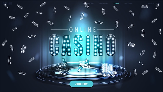 Online casino blue banner with button fly poker chips and hologram of digital rings in dark empty scene