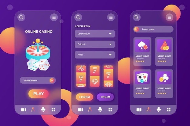 Online casino glassmorphic design neumorphic elements kit for mobile app UI UX GUI screens set