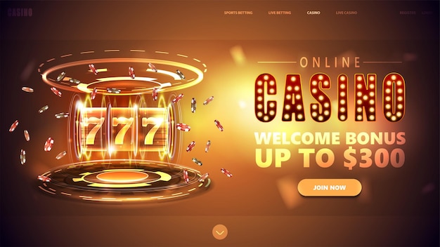 Online casino gold banner with button welcome bonus neon Casino slot machine with jackpot poker chips and hologram of digital rings in gold scene