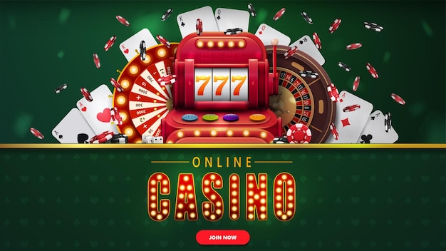 Online casino green banner with button slot machine Casino Wheel Fortune Roulette falling poker chips and playing cards