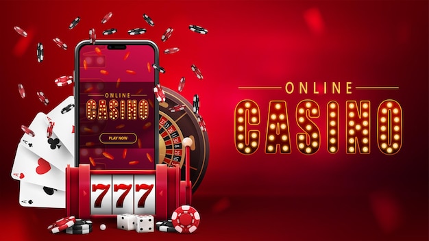 Online casino, red banner with smartphone, red slot machine, Casino Roulette, poker chips and playing cards.