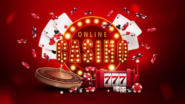 Online casino red poster with retro signboard slot machine Casino Roulette poker chips and playing cards