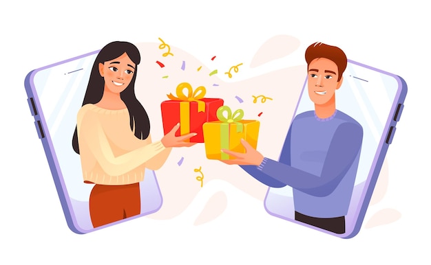 Online celebration A girl and a guy give gifts online Online congratulations Concept