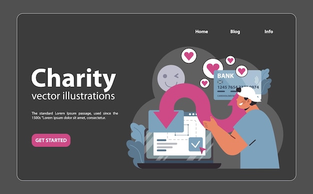 Vector online charity and charitable foundation night mode or dark mode web banner or landing page web