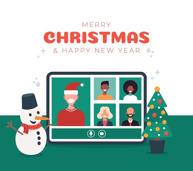 Online Christmas celebration illustration on tablet. Merry Christmas party new normal concept with conference. A group of people in winter suits meet online via video conference.