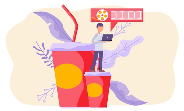 Online cinema internet streaming man holding laptop standing on big paper cup with drink