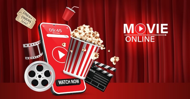 Online cinema movie watching with popcorn 3d glasses and filmstrip cinematography concept