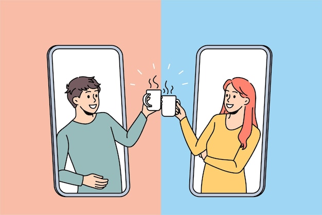 Online coffee break and meeting concept. Smiling people girl and boy clonking mugs with coffee during online meeting from smartphone screens vector illustration