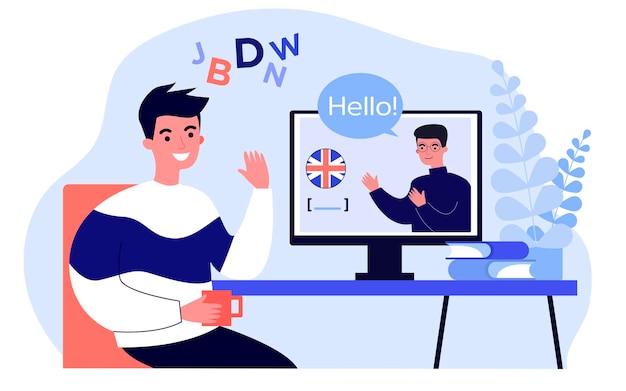 Online communication of people in video chat. Male friend greeting, talking hello in English, waving hand flat vector illustration. Friendship concept for banner, website design or landing web page