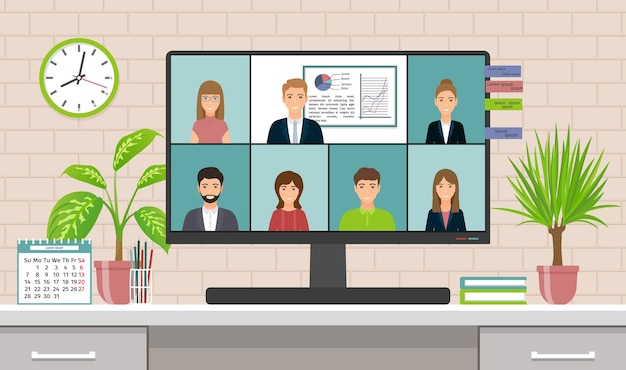 Online conference Virtual meet business people Vector illustration