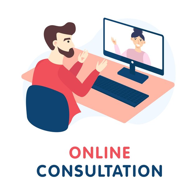 Vector online consultation design concept man has a conversation with a specialist using his computer