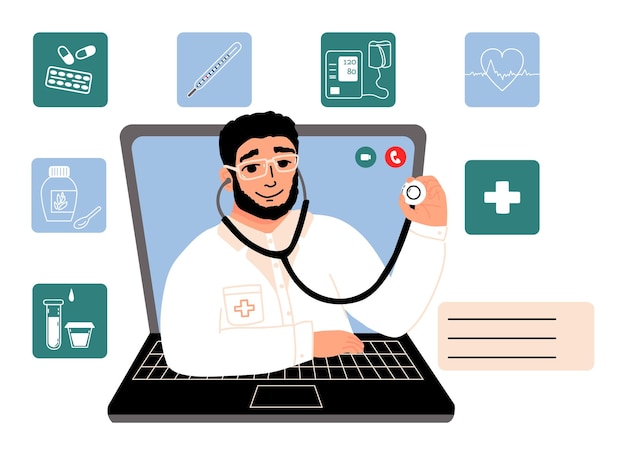 Online consultation Doctor with stethophonendoscope in the laptop Video Call with Patient Medical Icons Vector illustration