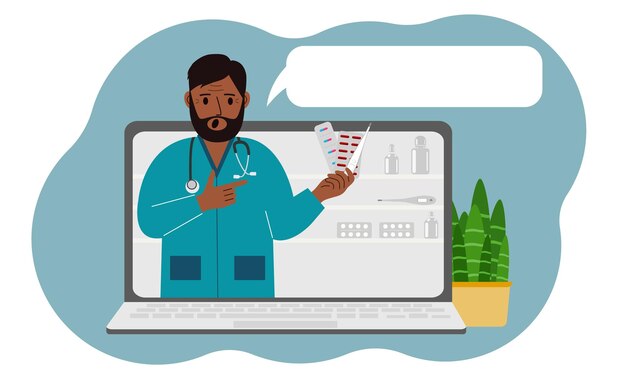 Online consultation or feedback concept Laptop with a picture of a male pharmacist with medicines in his hand