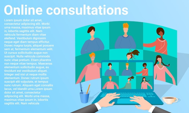 Online consultations People communicate share experiences hold meetings using an online connection