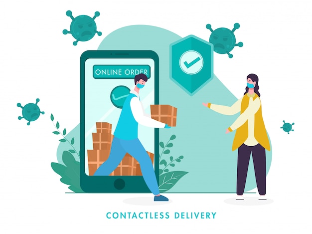 Online Contactless Delivery Order from Smartphone with Courier Boy Giving Parcel to Woman and Approval Security Shield for Avoid Coronavirus.