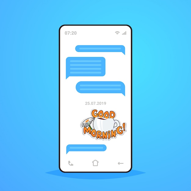 online conversation mobile chat app sending receiving messages with good morning sticker messenger application communication social media concept smartphone screen 