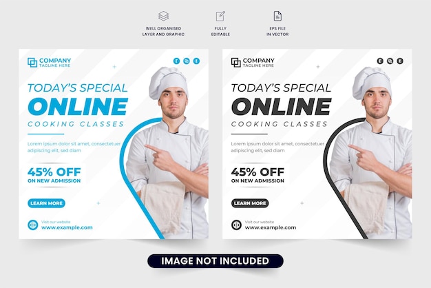 Online cooking class social media post vector with blue and dark colors Special cooking class promotional web banner design Culinary training center advertisement poster vector for marketing