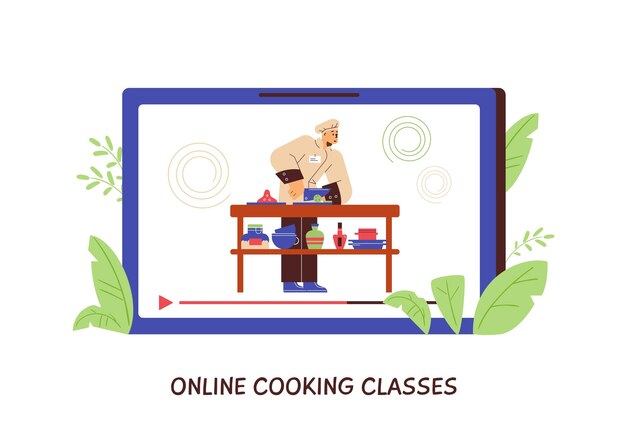 Vector online cooking classes concept video of professional chef cooking flat vector illustration on white