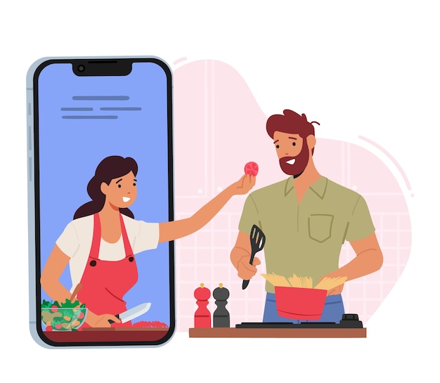 Vector online cooking concept male character use internet for preparing food man watch video tutorial vector illustration