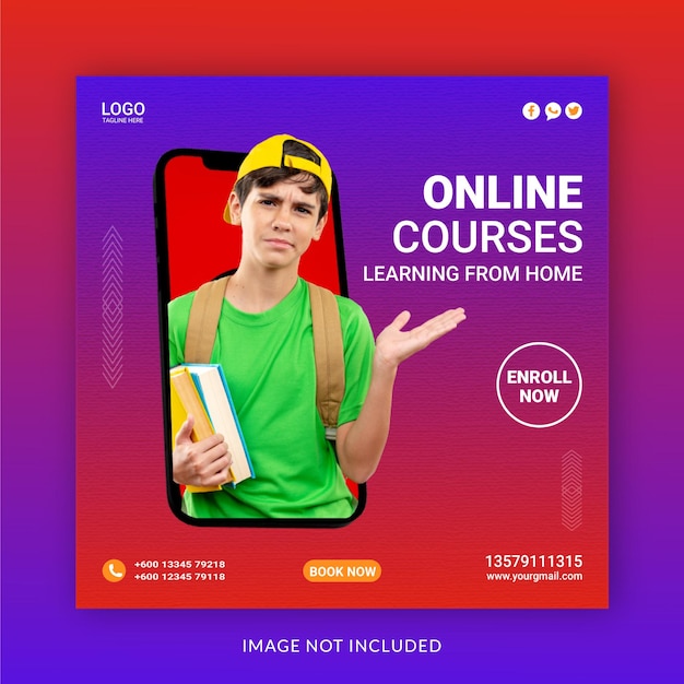 Online Courses Learning From Home  Social Media Post Web Banner Template