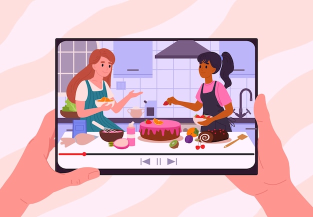 Vector online culinary show on tablet screen women cooking food online food preparing video live stream flat vector illustration cooking tutorial on tablet screen