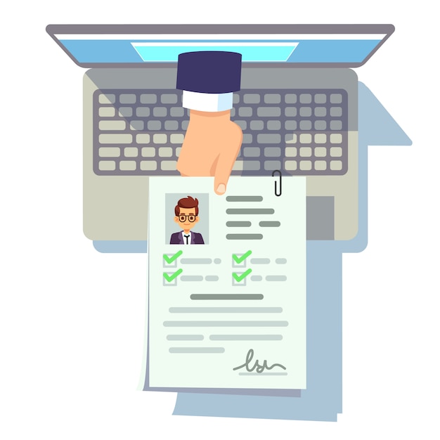 Online cv application. Resume submission on laptop screen, recruitment and career management vector illustration