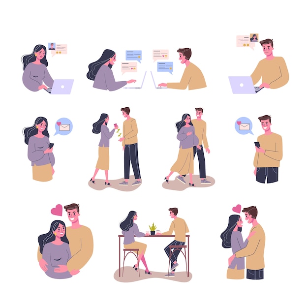 Online dating app concept. Virtual relationship and love. Communication between people through network on the smartphone. Perfect match and wedding.   illustration