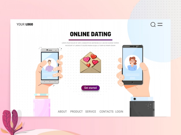 Online dating - landing page template. Web site hand holding smartphone flat design concept