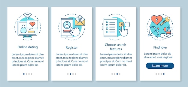 Online dating onboarding mobile app page screen vector template. Register, choose search features, find love steps with linear illustrations. Matchmaking. UX, UI, GUI smartphone interface concept